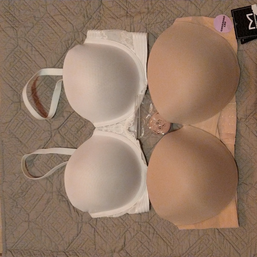 Two Maidenform Strapless/MultiWay Bras @Sexy Basic Beige+Lace White@Size 38C